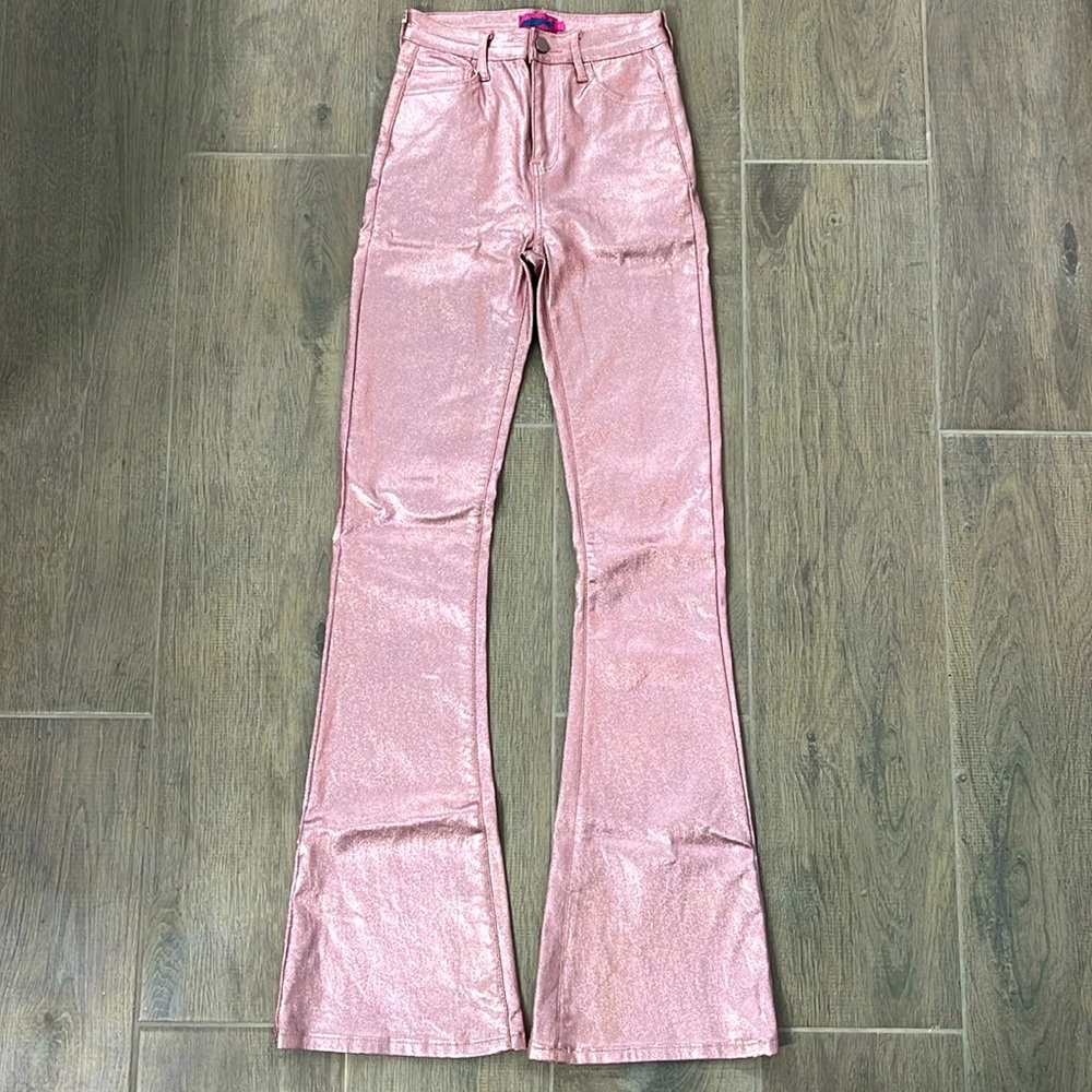 Edikted Pink Metallic Flare Jeans